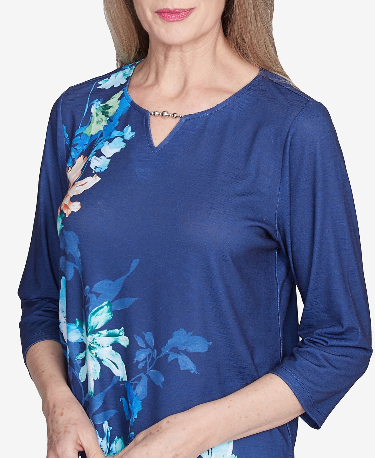 Alfred Dunner Plus Size Nantucket Asymmetric Floral Beaded Split Neck Top In Blue