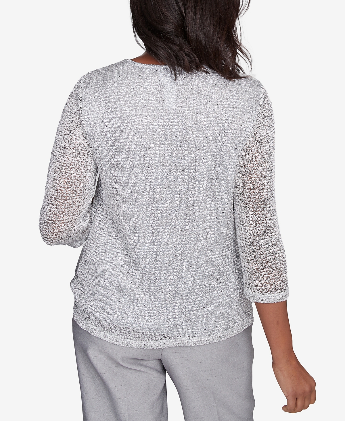 Alfred Dunner Petite Estate Of Mind Sequin Beaded Split Neck Top In Dove Grey
