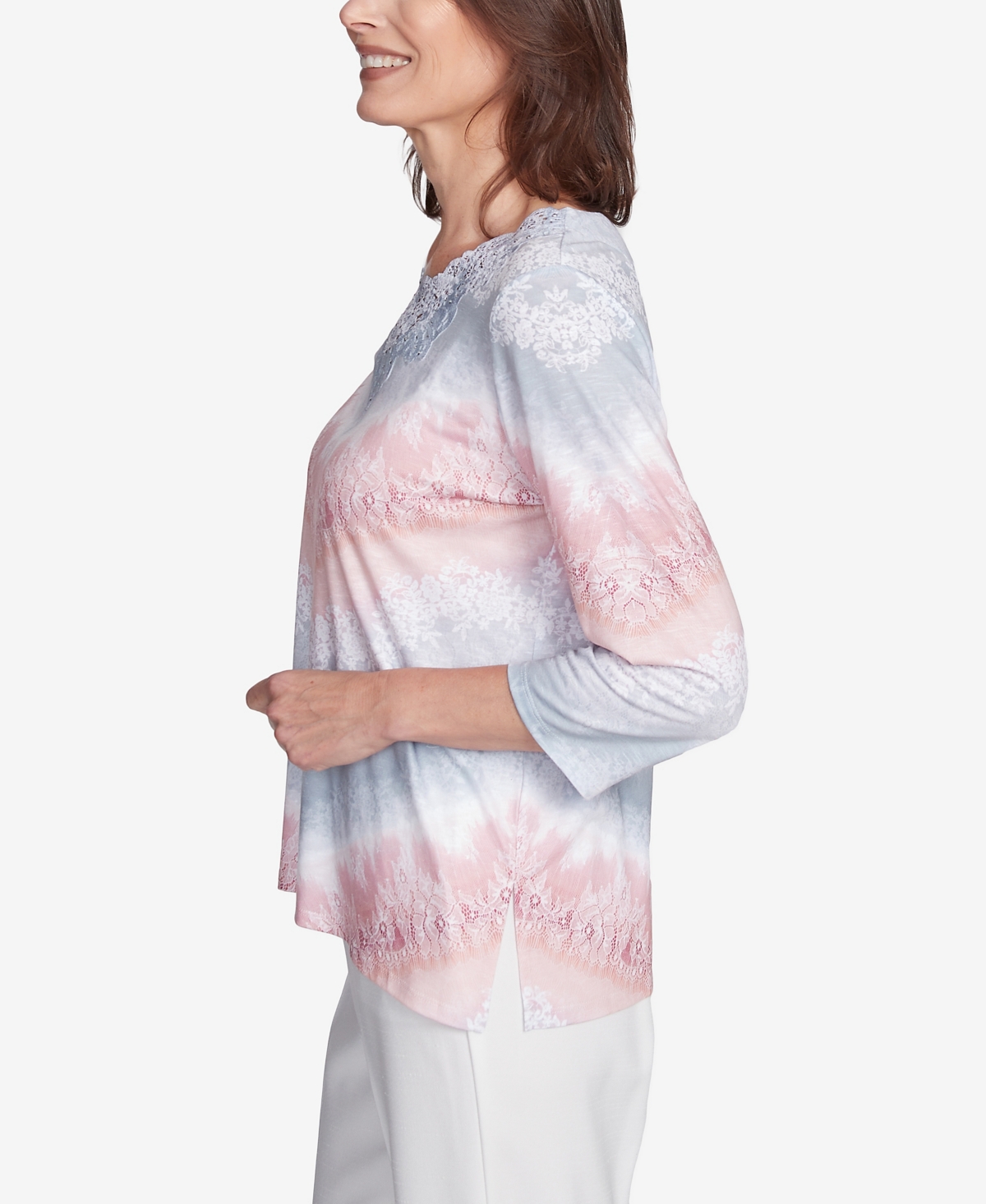 Alfred Dunner Women's Estate Of Mind Chevron Lacey Three Quarter Sleeve Top In Multi Pink