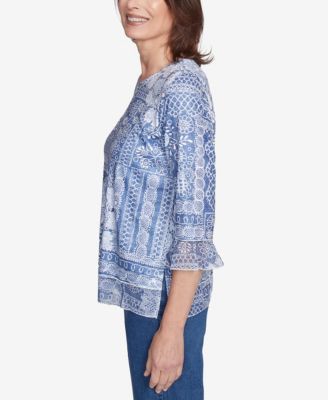 Women's Flower Power Lacey Floral Patchwork Crew Neck Top