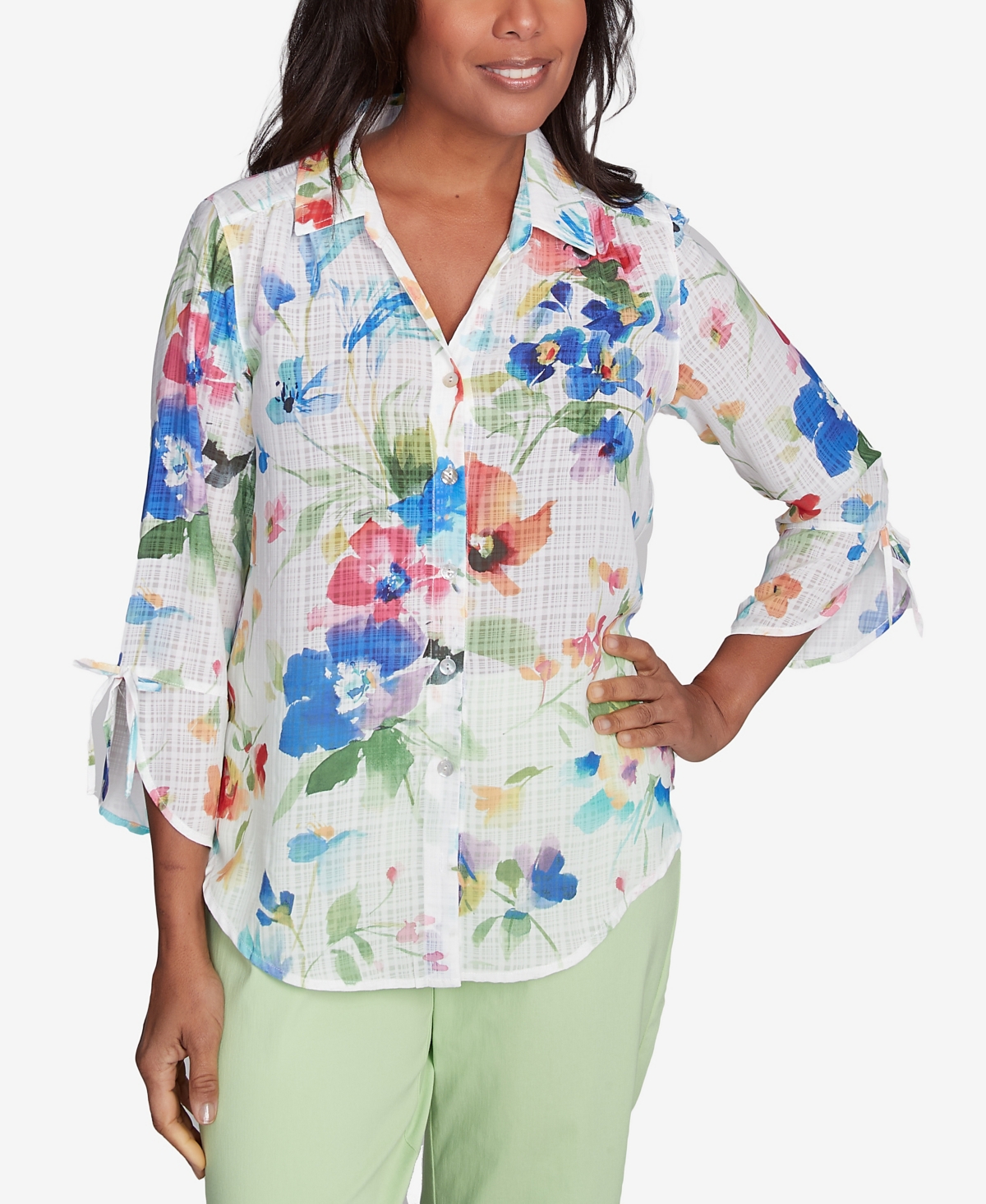 Alfred Dunner Petite Parrot Cay Abstract Watercolor Button Down Collared Neckline Top In Cobalt Multi
