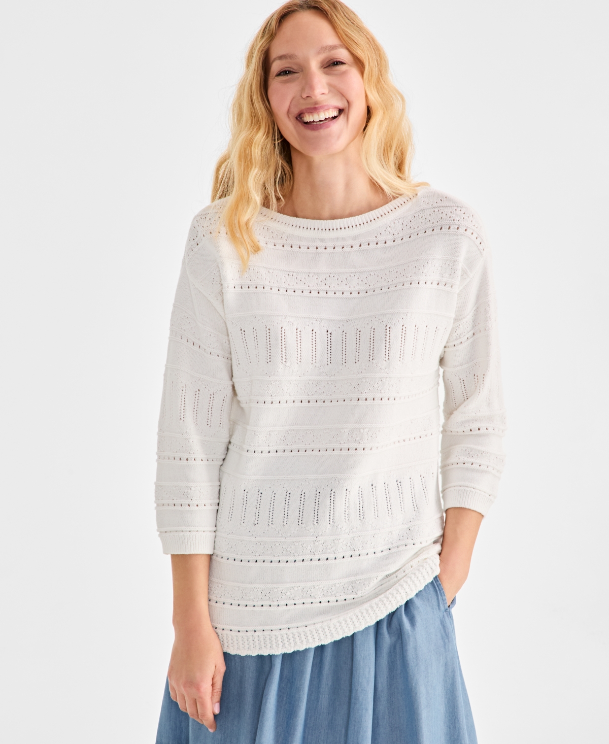 Petite Cotton Mixed-Stitch Pointelle Sweater, Exclusively at Macy's - Industrial
