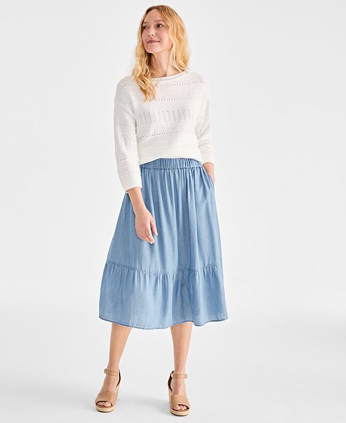 alfani Style & Co Chambray Midi Tiered Skirt Exclusively at Macy's Women's Fashion Shoes & Accessories