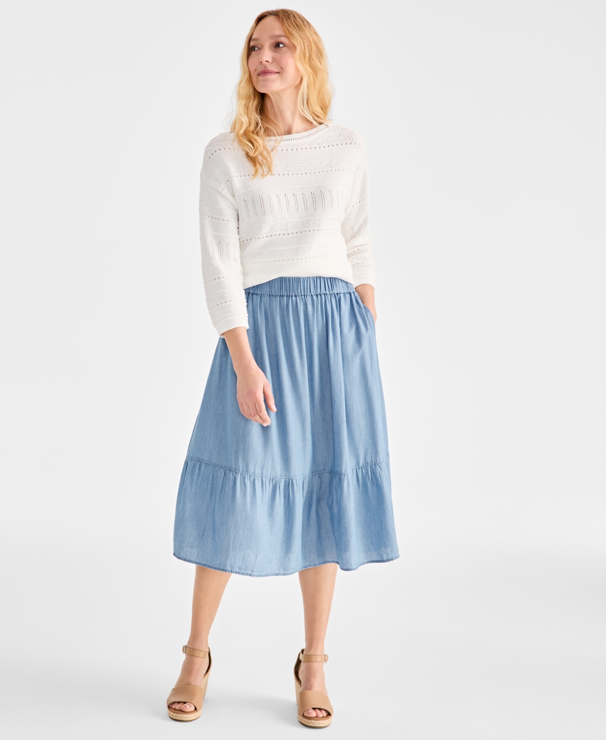 Petite Chambray Tiered Midi Skirt, Exclusively at Macy's - Anna Wash