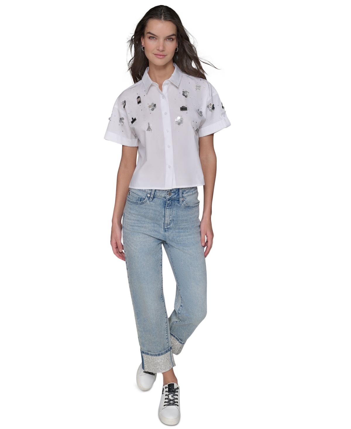 Karl Lagerfeld Women's Embellished Cropped Button-down Shirt In White