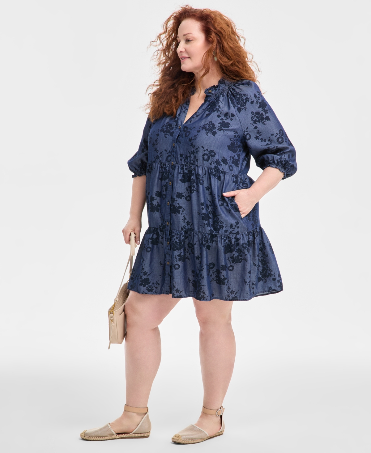 Style & Co Plus Size Printed Chambray Babydoll Dress, Exclusively At Macy's In Floral Industrial Blue
