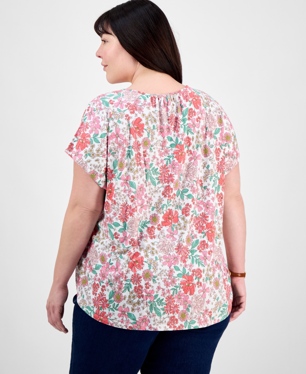 Tommy Hilfiger Plus Size Floral-print Pintucked Top, Exclusively At Macy's In Ivory Multi