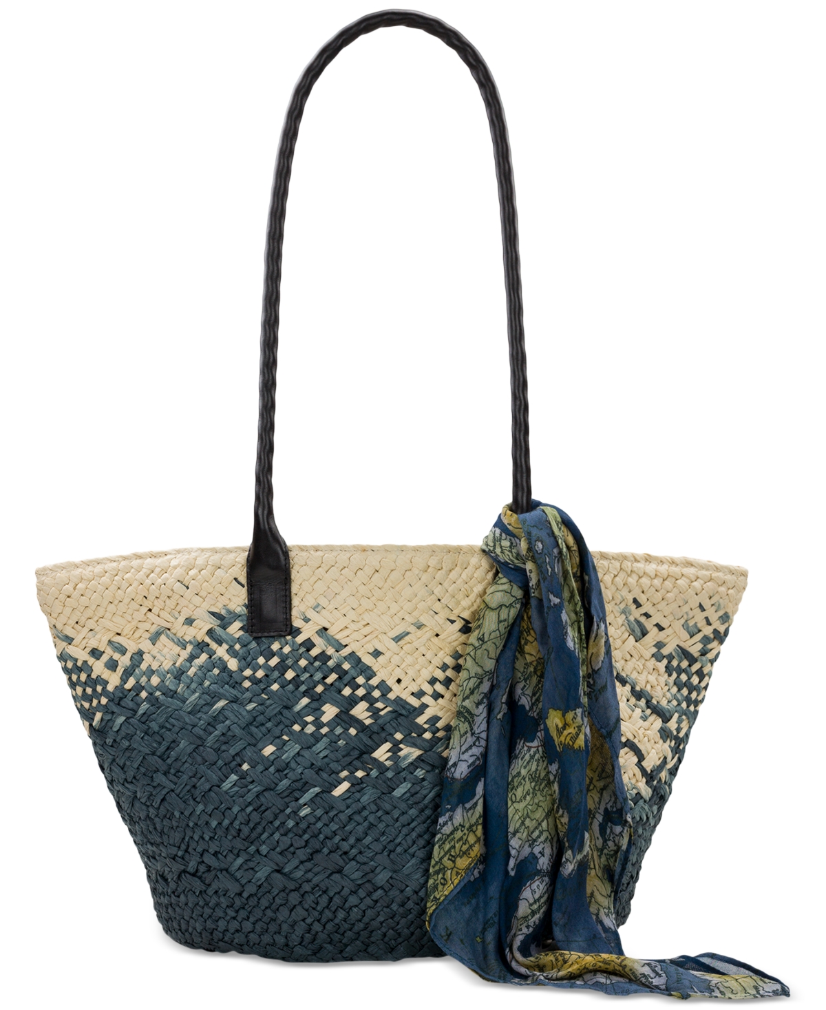 Patricia Nash Calypso Medium Woven Straw Tote With Greek Floral Scarf In Navy,natural
