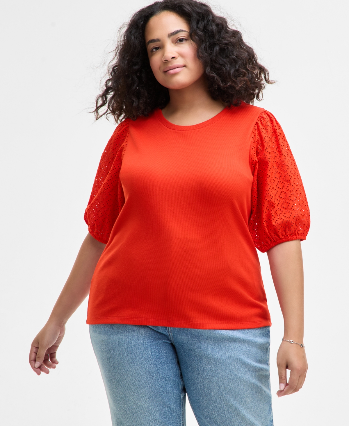 Trendy Plus Size Eyelet-Sleeve Rib-Knit Top, Exclusively at Macy's - Fiery Red