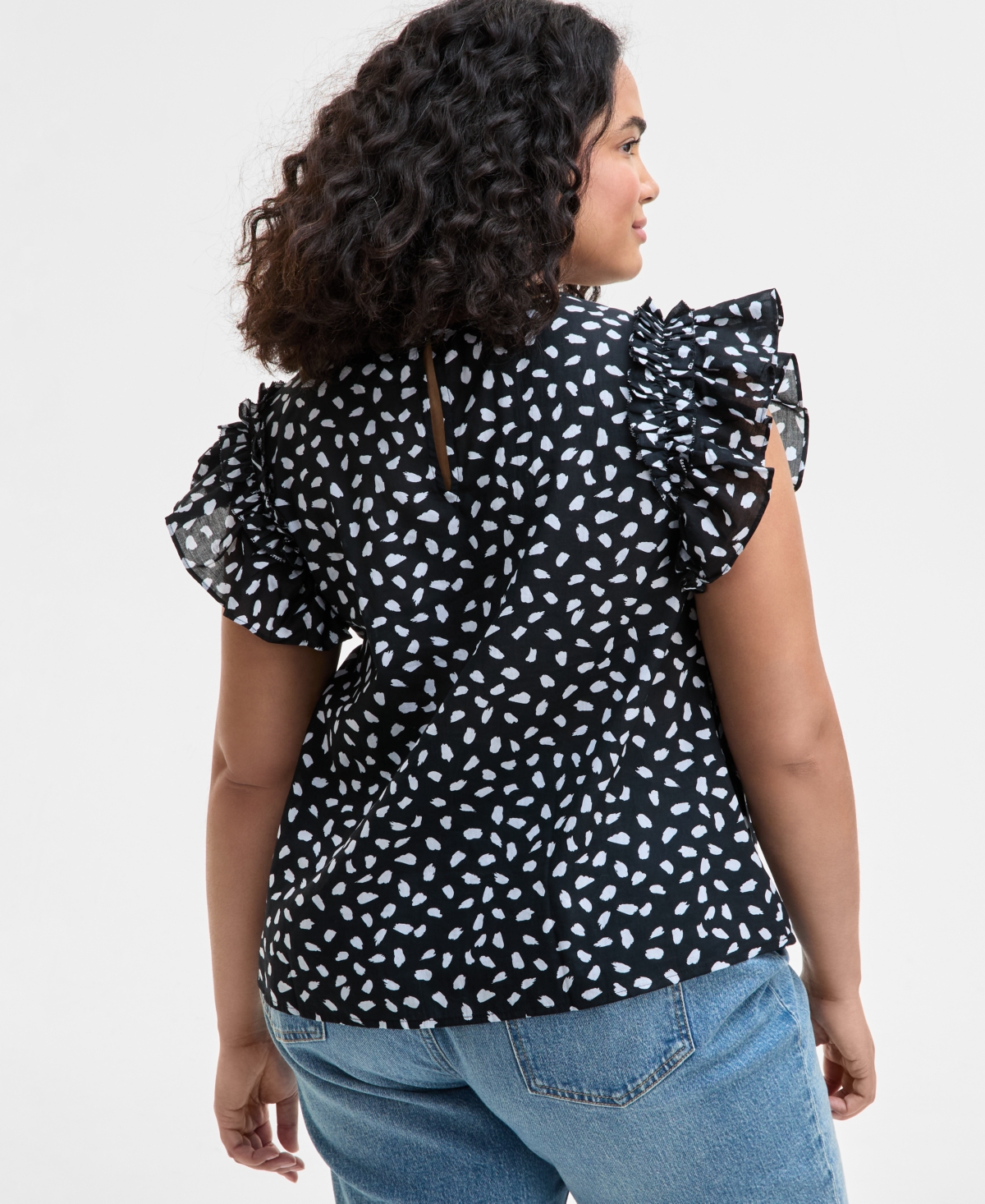 On 34th Trendy Plus Size Paint Dot Ruffle-sleeve Top, Exclusively At Macy's In Deep Black