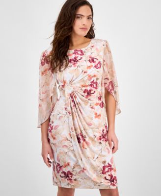 Petite Floral-Print Ruched Cape-Sleeve Dress