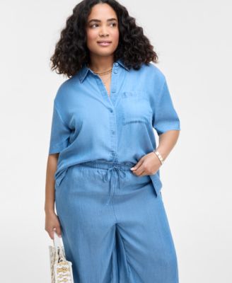ON 34TH TRENDY PLUS SIZE CHAMBRAY SHORT SLEEVE SHIRT CHAMBRAY DRAWSTRING PANTS EXCLUSIVELY AT MACYS 