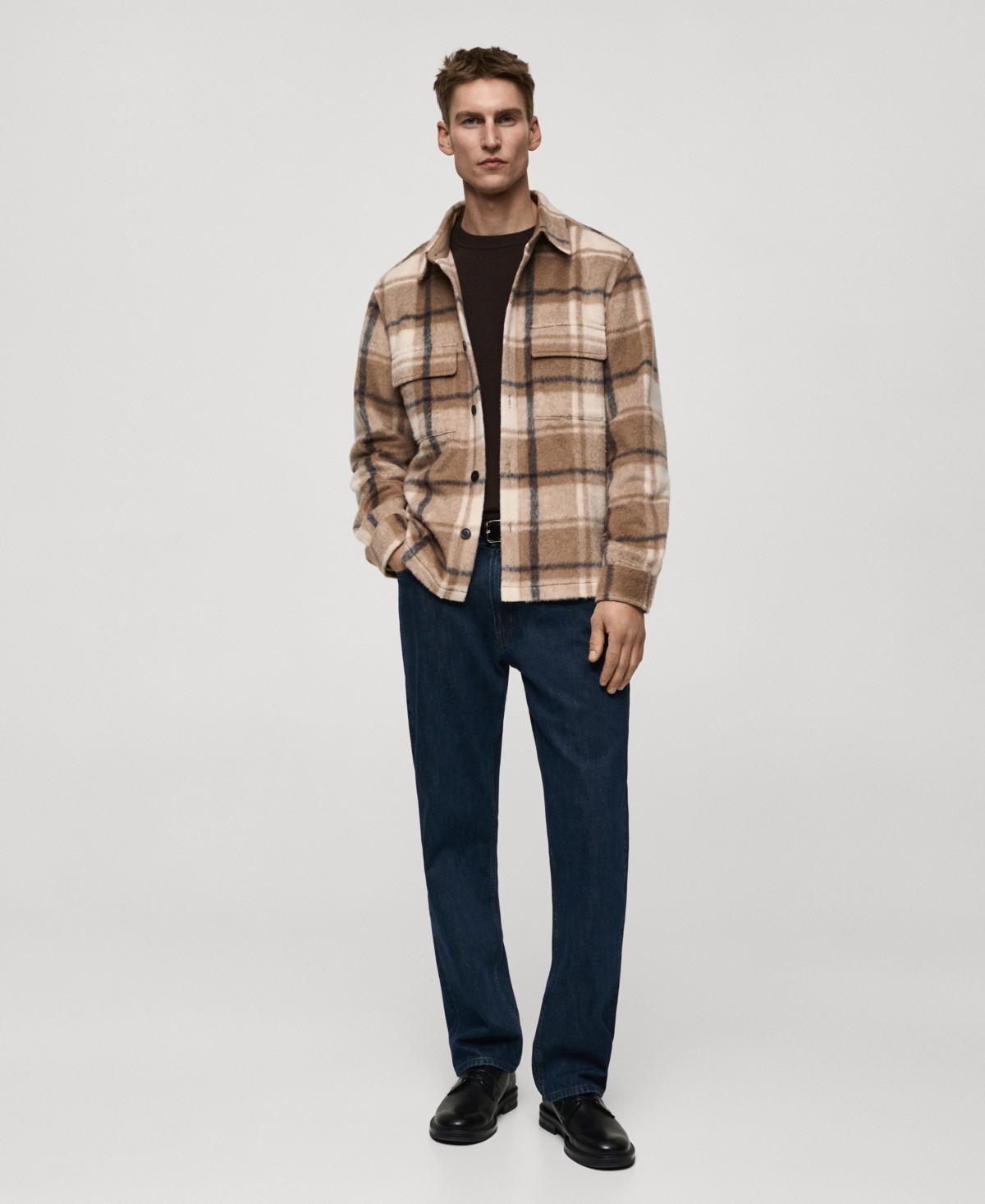 Mango Textured Check Flannel Overshirt In Beige
