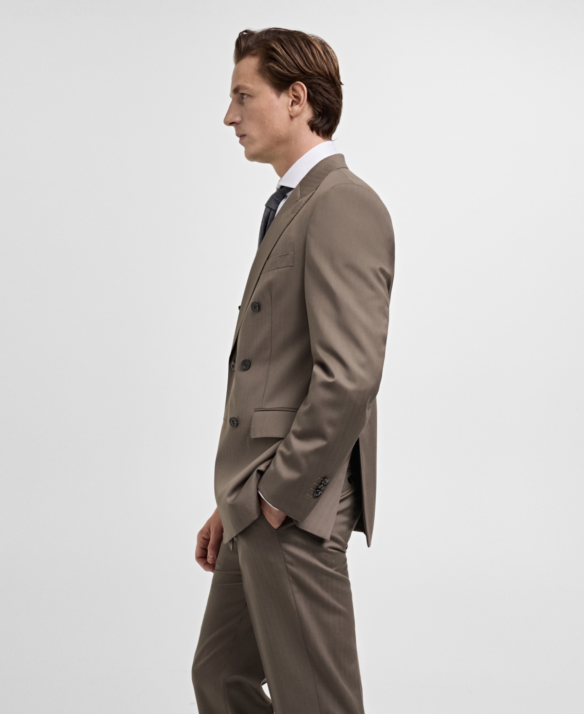 Mango Men's Double-breasted Wool Herringbone Suit Jacket In Medium Brown