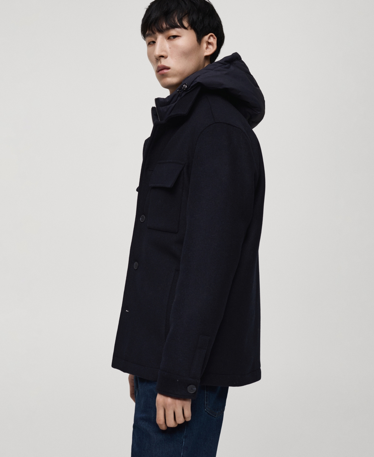 Mango Wool Blend Coat With Removable Hood In Dark Navy