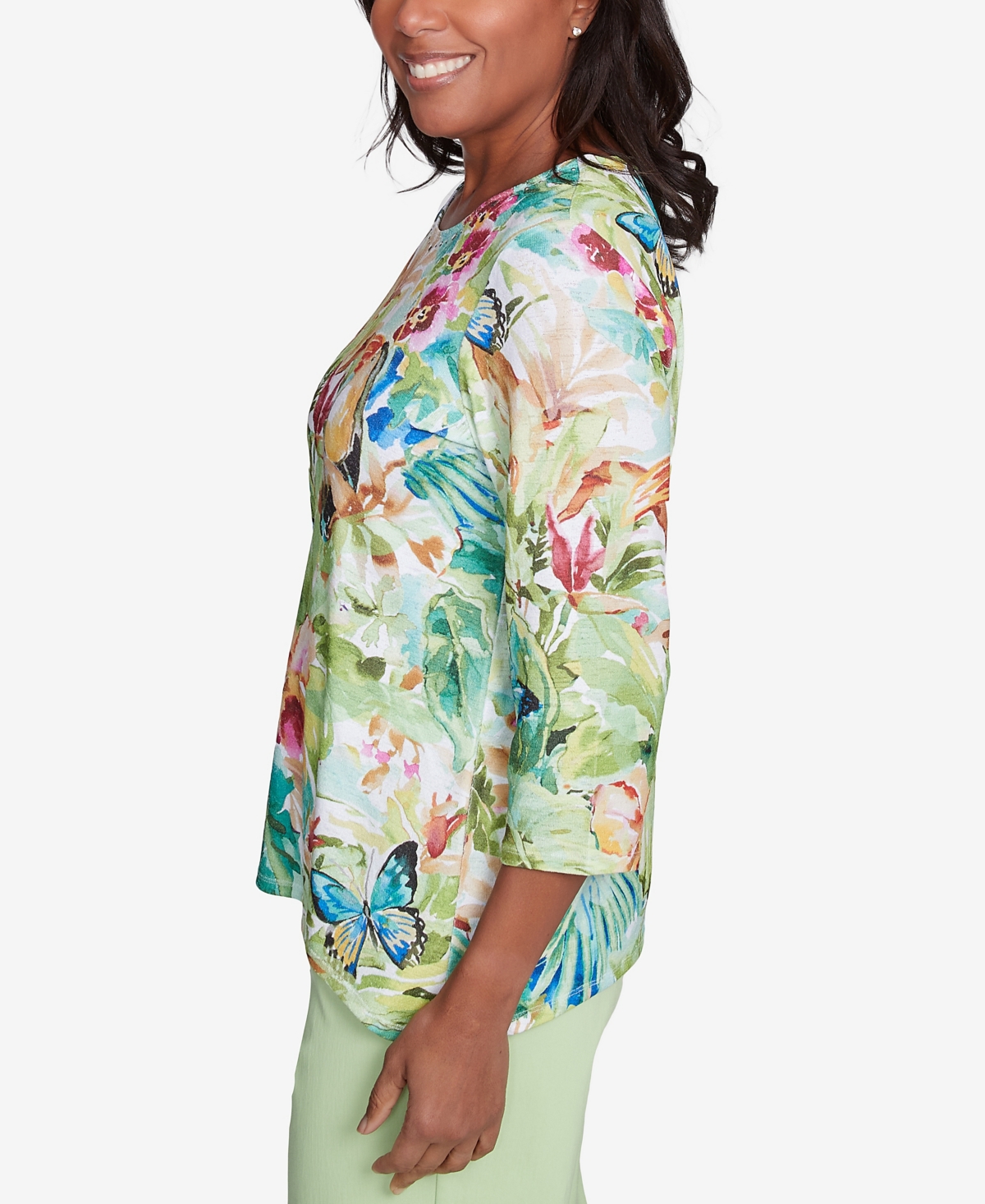 Alfred Dunner Plus Size Parrot Cay Tropical Toucan Crew Neck Top In Multi Green