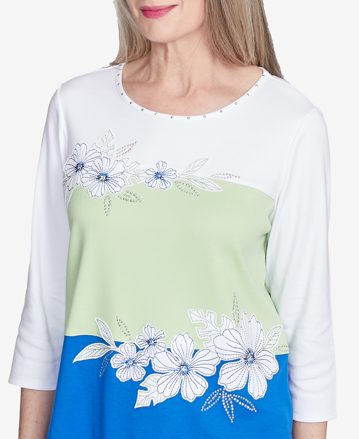 Alfred Dunner Plus Size Parrot Cay Tropical Colorblock Floral Crew Neck Top In Cobalt Multi