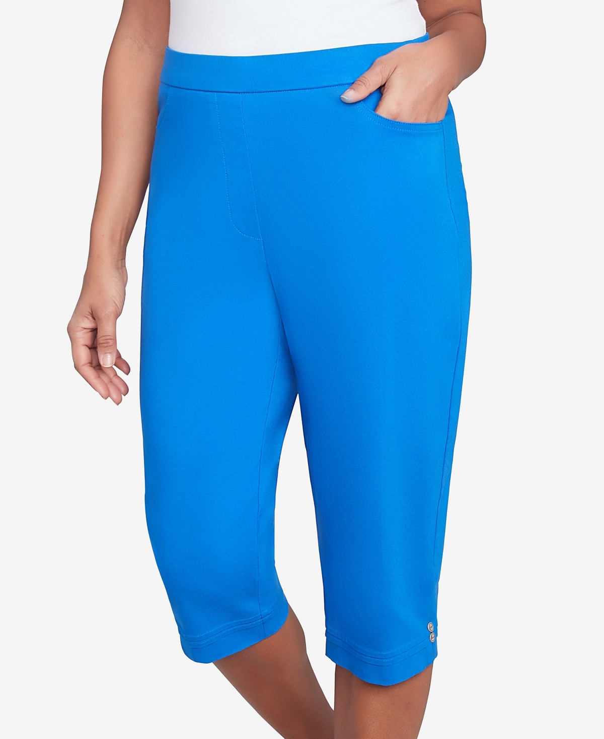Alfred Dunner Plus Size Parrot Cay Novelty Cuff Tummy Control Capris Pants In Cobalt Blue