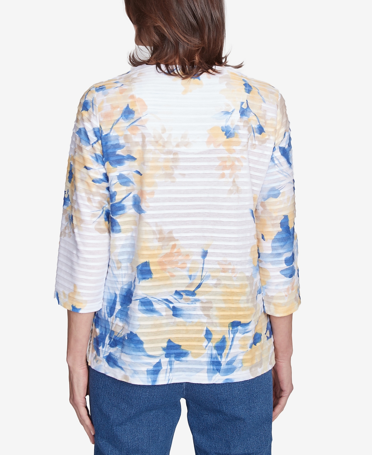 Alfred Dunner Plus Size Flower Power Floral Textured V Neck Top In Multi Blue