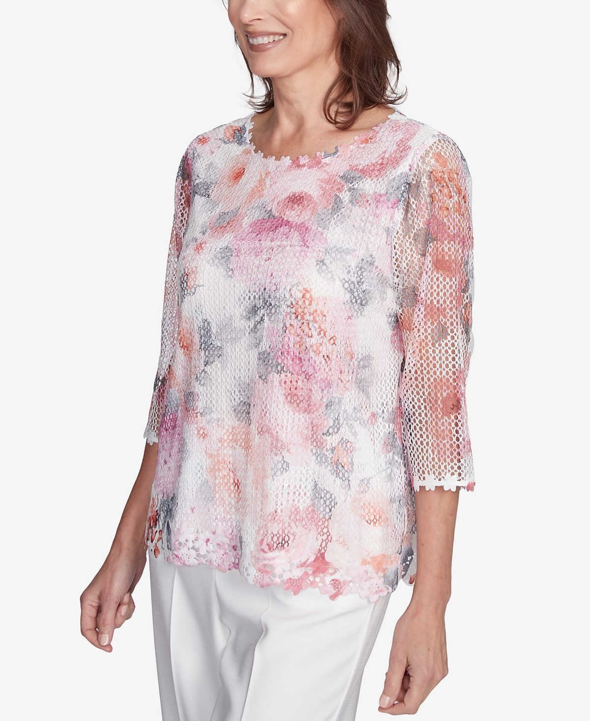 Alfred Dunner Women's Estate Of Mind Floral Mesh Watercolor Top In Multi Pink