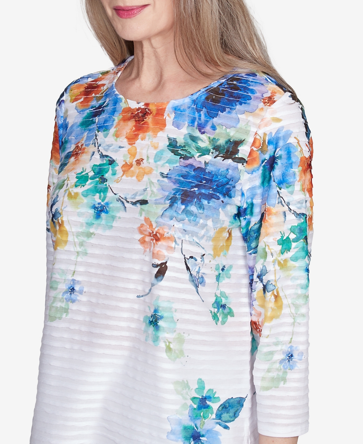 Alfred Dunner Petite Nantucket Textured Floral Neckline Top In Marine Multi