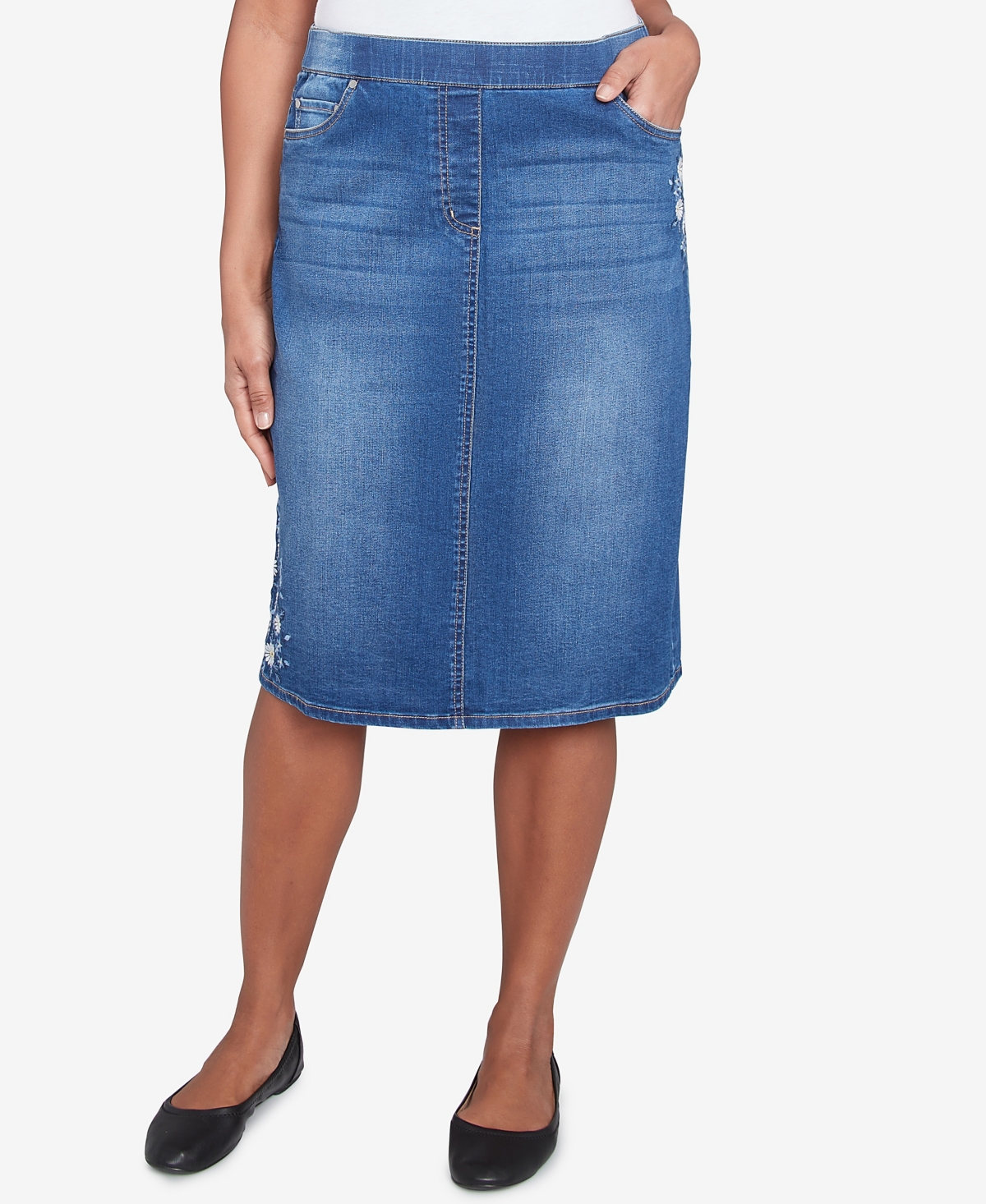 Petite Flower Power Floral Embroidered Denim Skirt - Medium Indigo