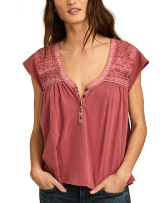 Lucky Brand - Women's Lace-Trim Cap-Sleeve Henley T-Shirt