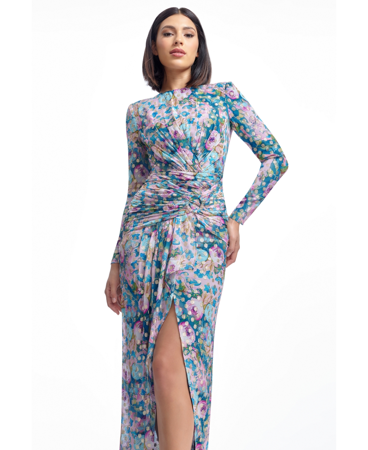 Shop Dress The Population Women's Romera Printed Foil Dot Long-sleeve Gown In Capri Multi