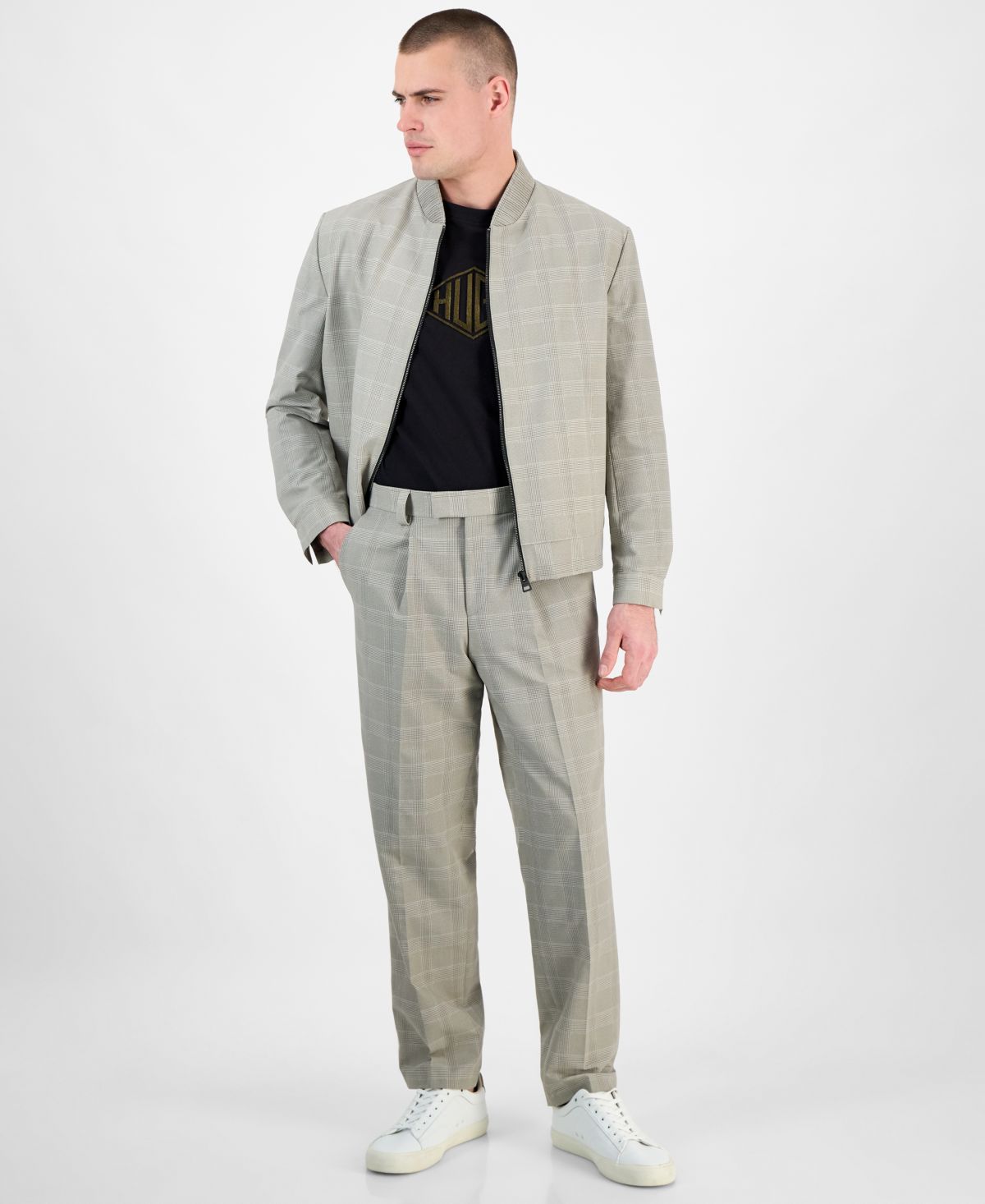 Мужская куртка-бомбер HUGO by Ukashi252f1x в современную клетку Glen на молнии, футболка с вышитым логотипом Dalendi Regular Fit и плиссированные брюки Theodor Slim-Fit в клетку
