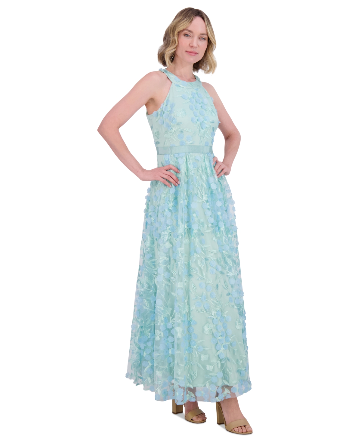 Eliza J Petite 3d Floral Applique Halter Gown In Sage