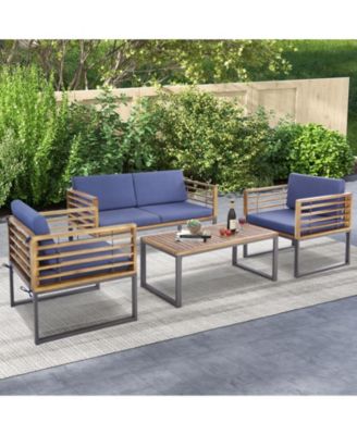 4 Piece Patio Acacia Wood Conversation Set with Soft Seat