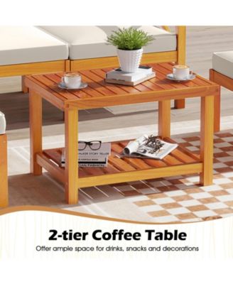 5 Pieces Acacia Wood Patio Lounge Chair Set with Ottomans and Cushions-White