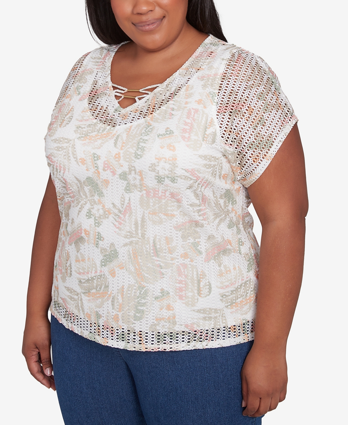Hearts Of Palm Plus Size Spring Forward Short Sleeve Textured Top In Taupe Multi