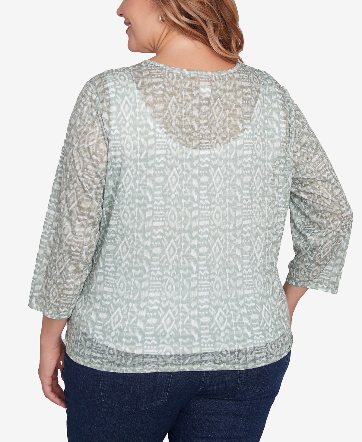 Hearts Of Palm Plus Size Spring Forward Printed Burnout V-neck Top In Willow Multi