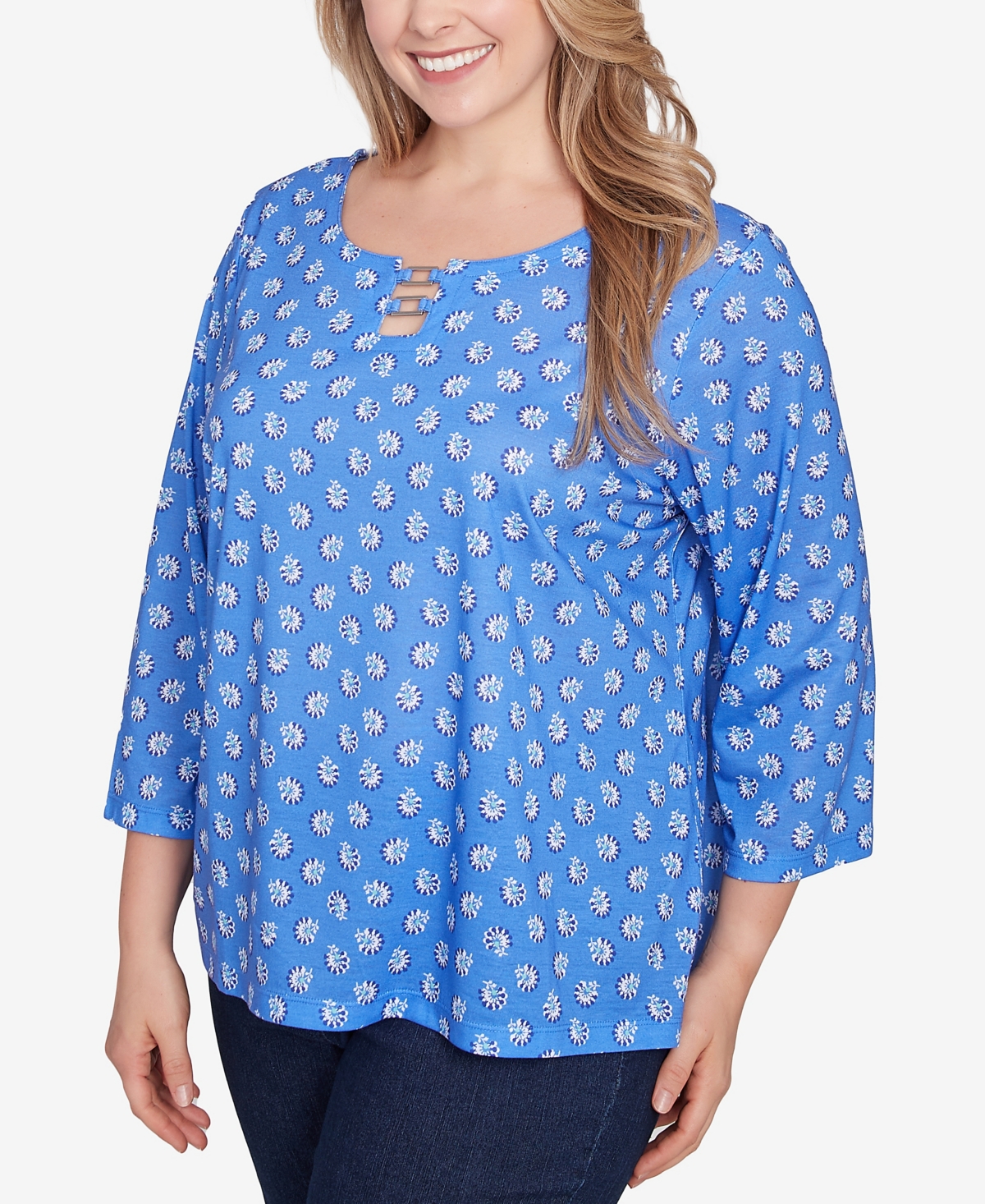 Hearts Of Palm Plus Size Making Waves Printed Square Ring Front Top In Royal Multi