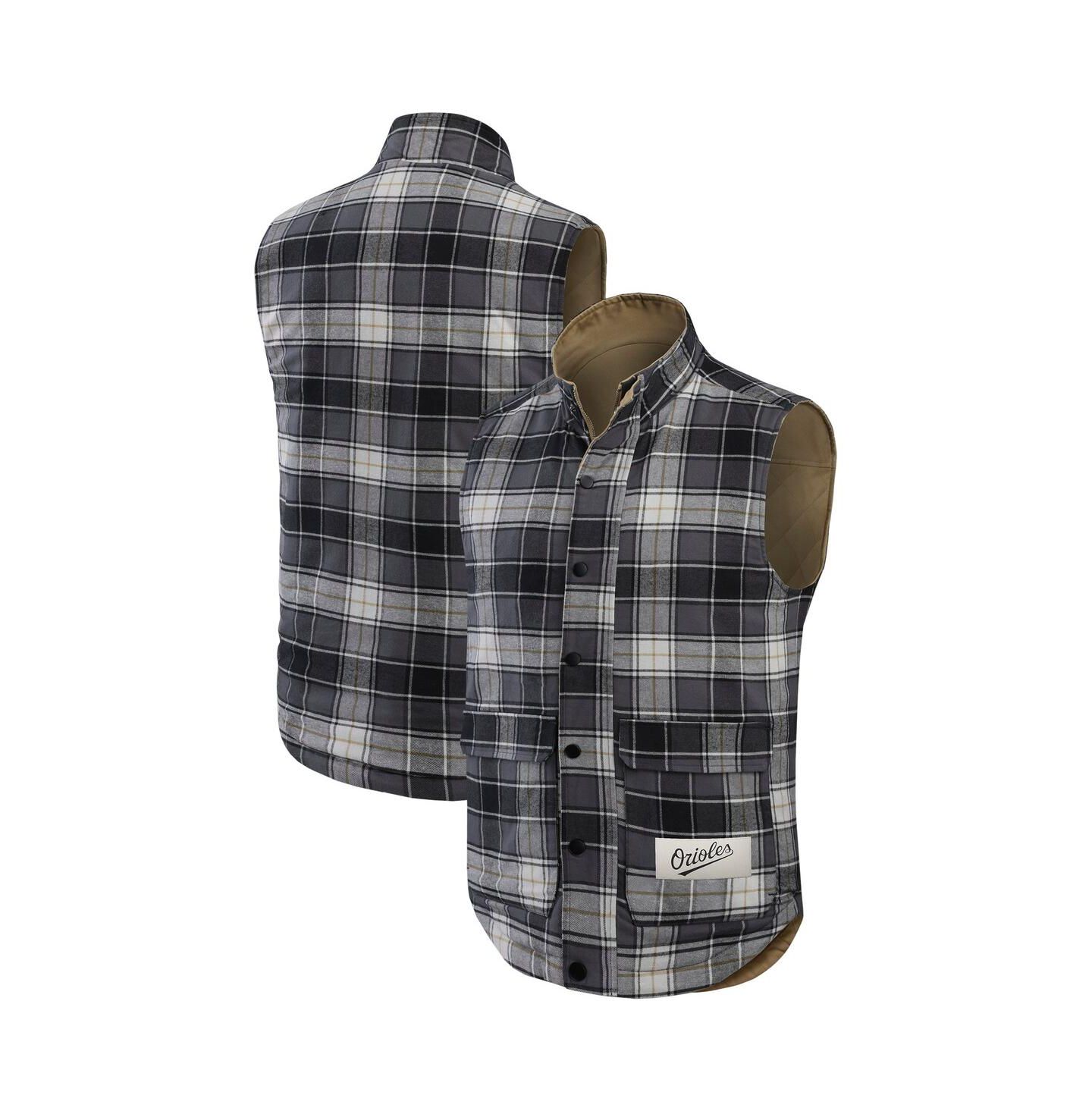 Мужской жилет Fanatics Tan/Charcoal Baltimore Orioles Reversible Canvas Plaid Patch Full-Zip Vest — фото 3