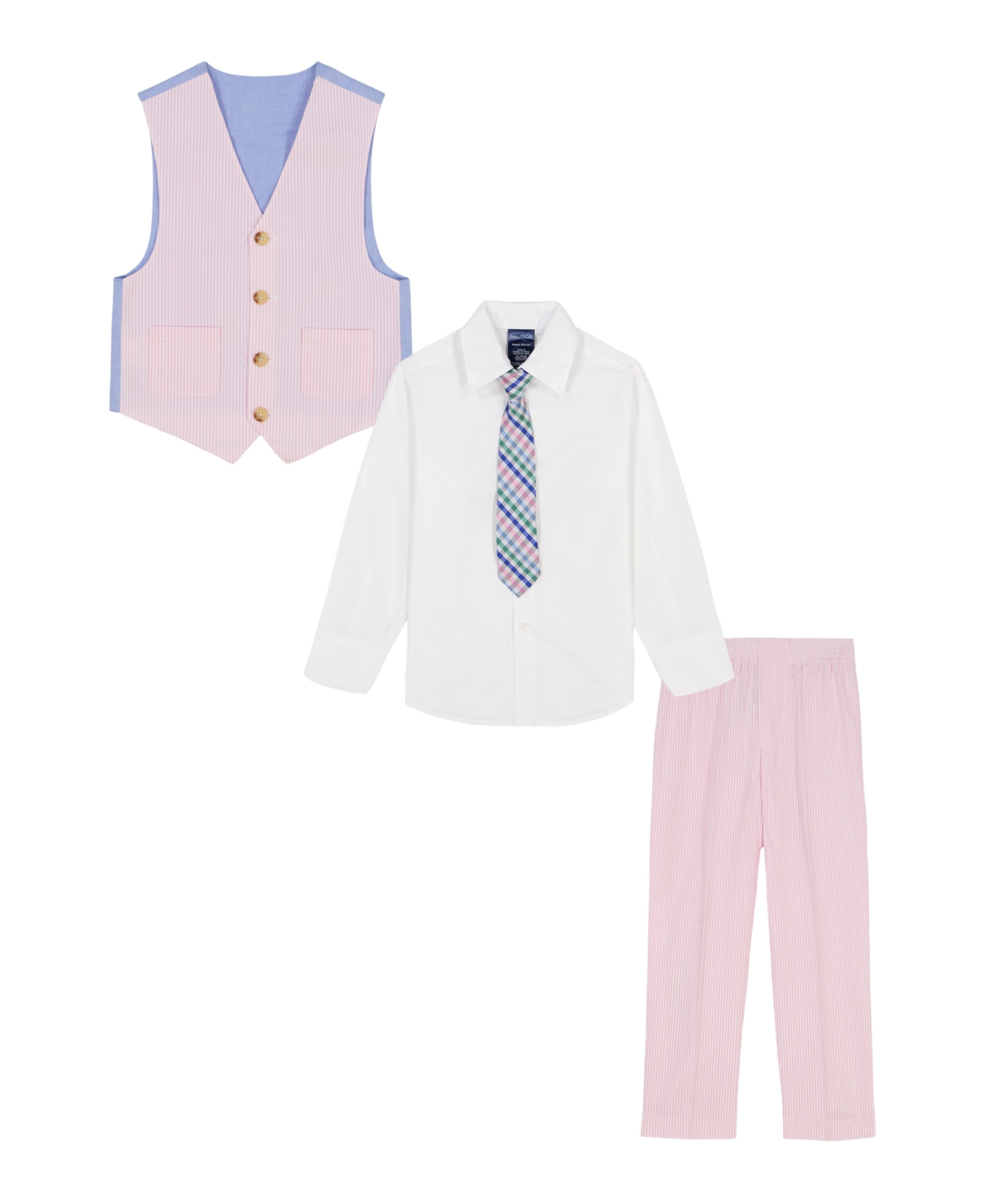 Nautica Toddler And Little Boys 4-piece Seersucker Vest With Tie Set In Pink