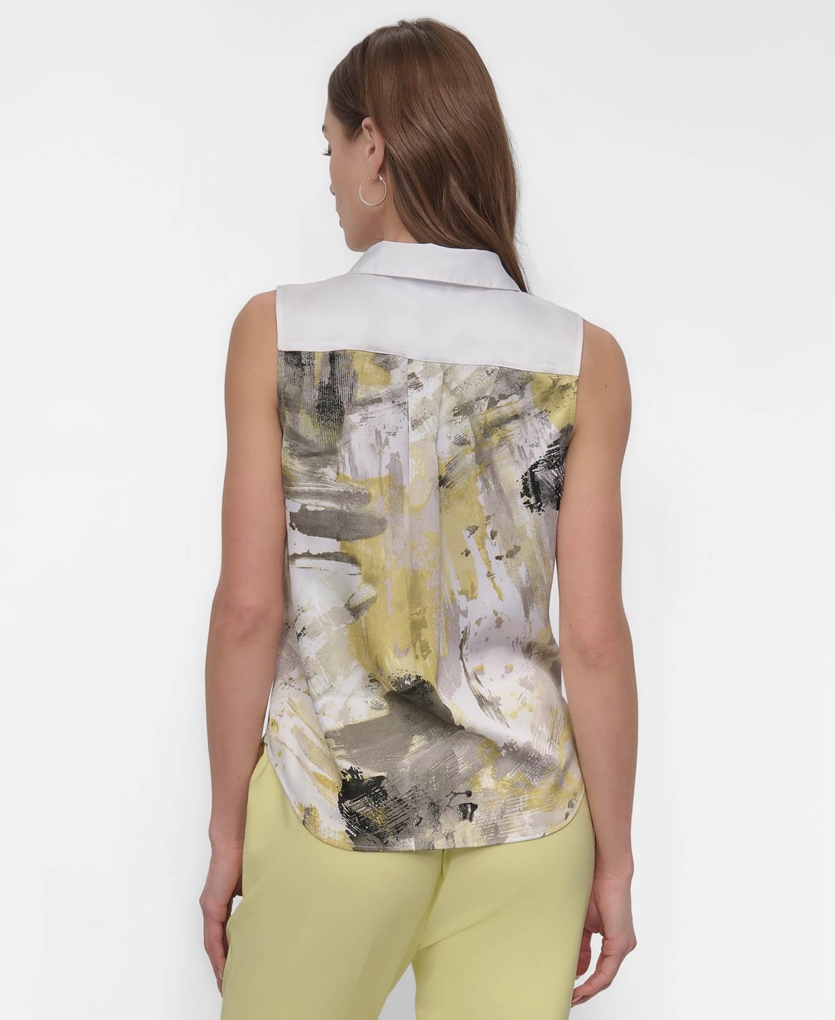 Dkny Women's Printed Sleeveless Collared Blouse In Pebble,light Lemon Multi