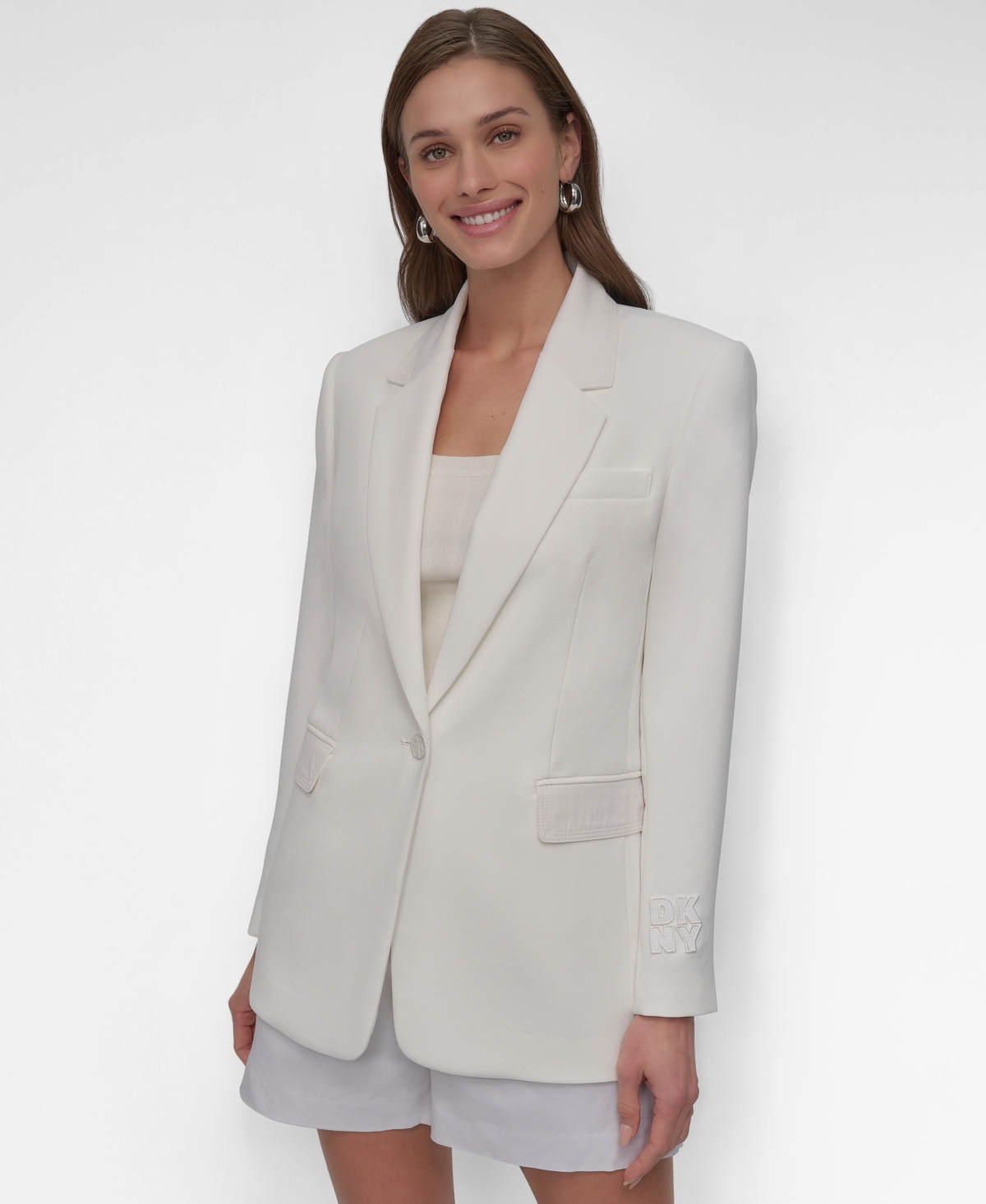 Shop Dkny Women's Notch-collar One-button Logo-patch Blazer In Ivory