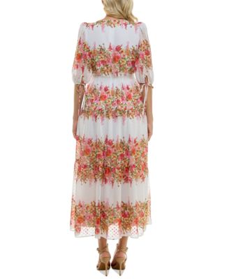 Taylor Women's Floral-Striped Swiss-Dot Chiffon Dress