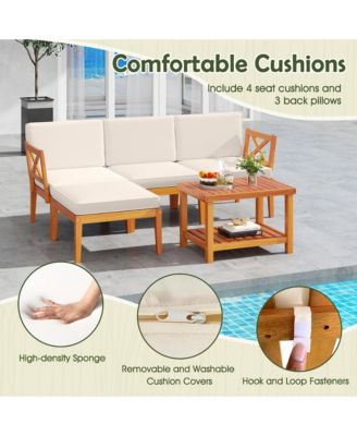 5 PCS Acacia Wood Patio Furniture Set w/ 2-Tier Coffee Table and Cushions