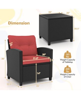 3 PCS Patio Furniture Set w/Tempered Glass Coffee Table Washable Cushions