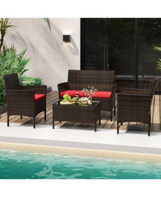4 Piece Outdoor Rattan Furniture Set with Glass Coffee Table