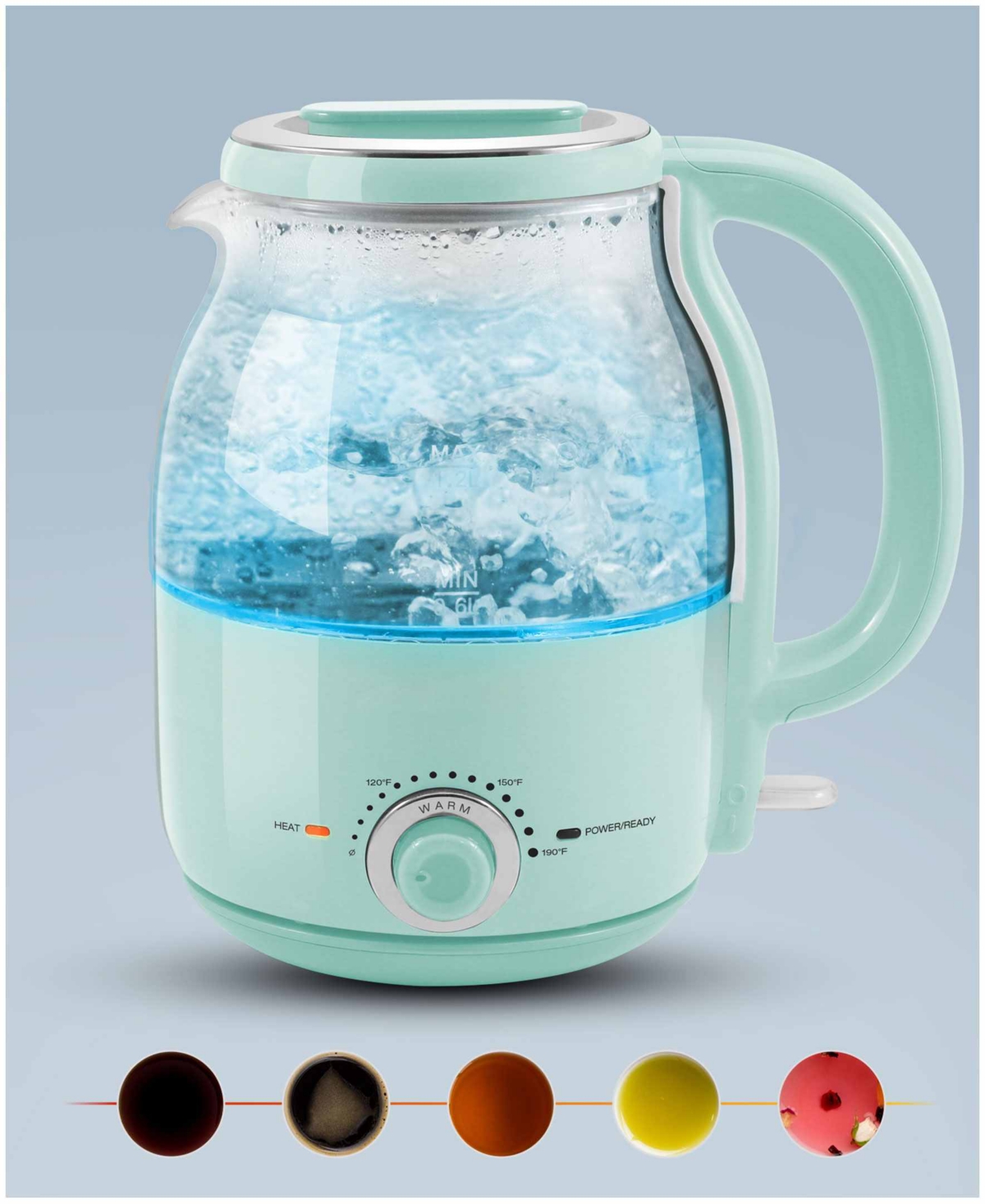 Elite Cuisine 1.25 Quart Adjustable Temperature Electric Honeypot Glass Kettle With Keep Warm In Mint Green