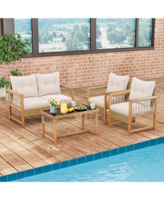 4 Pieces Outdoor Patio PE Wicker Conversation Bistro Set with Acacia Wood Frame