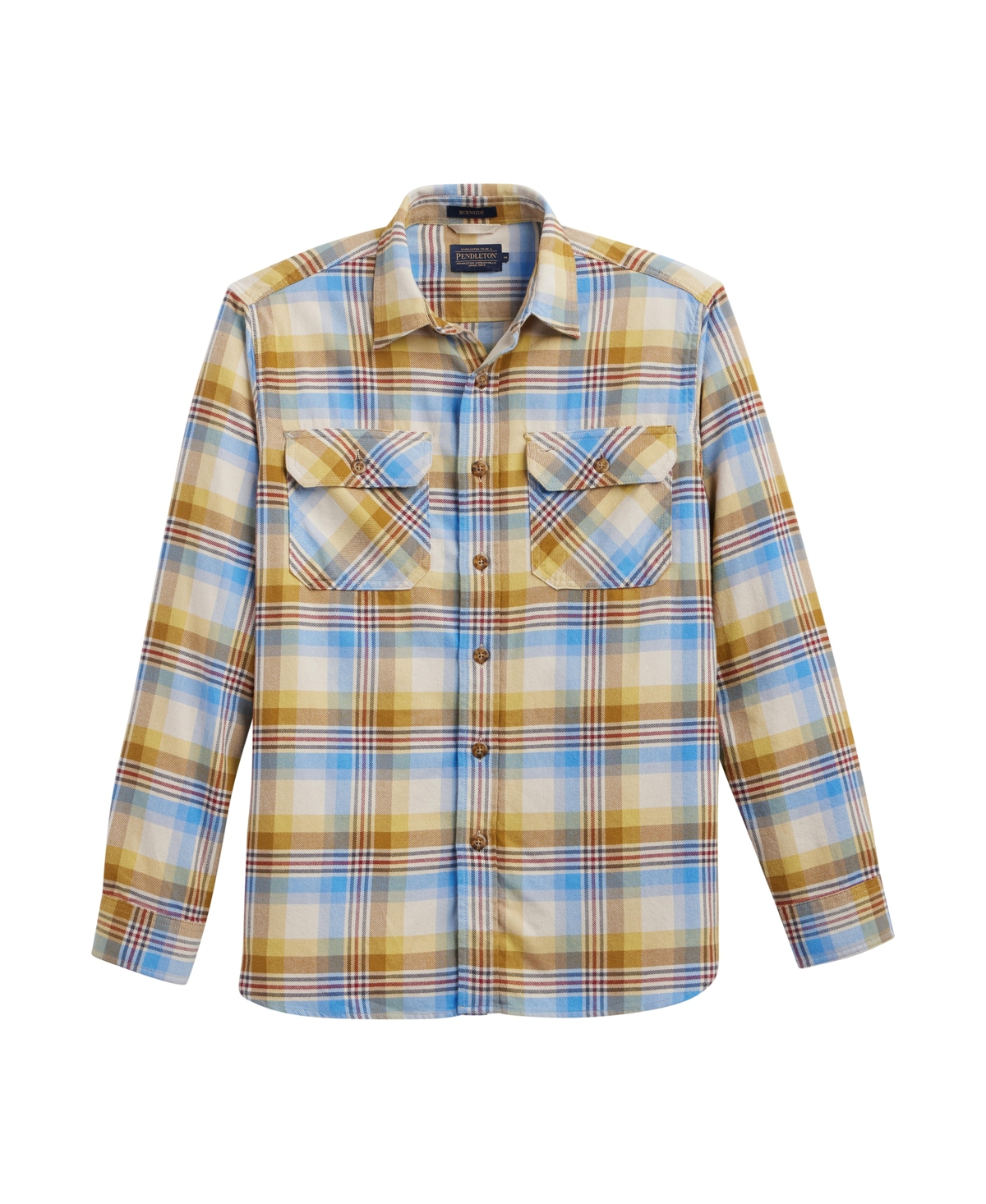 Men's Long Sleeve Burnside Flannel Shirt - Tan, Blue, Gold plaid