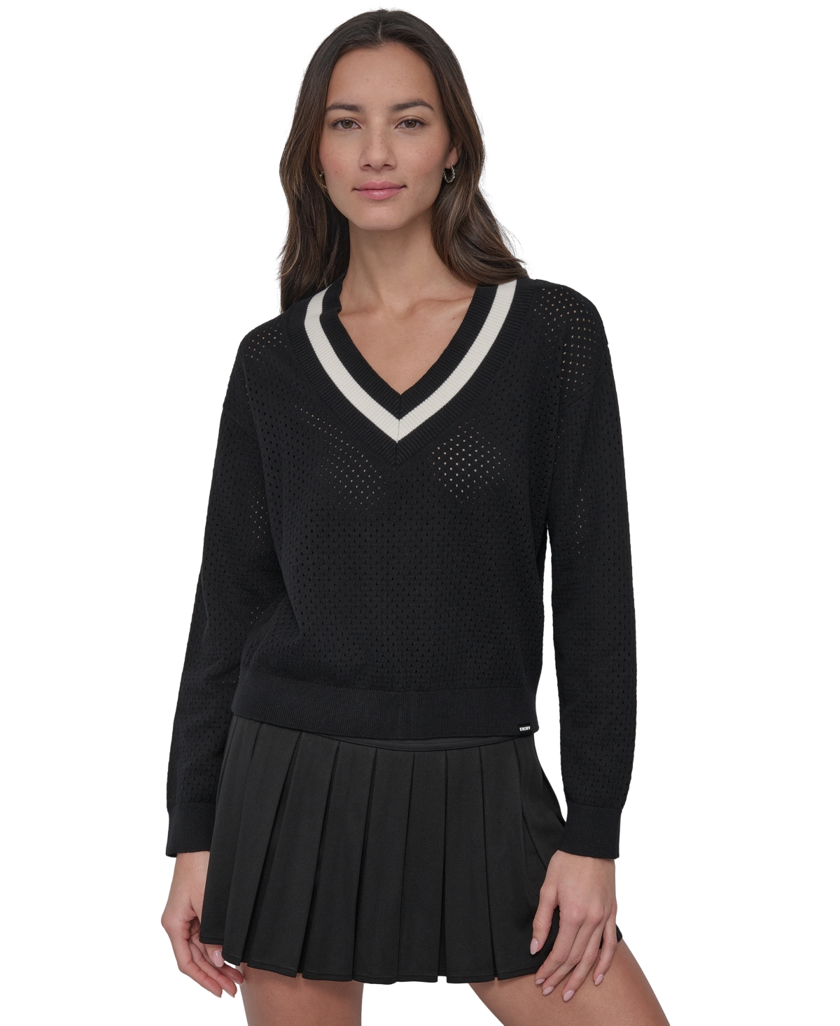Sport Women's Open-Knit Mesh Striped V-Neck Sweater - Black