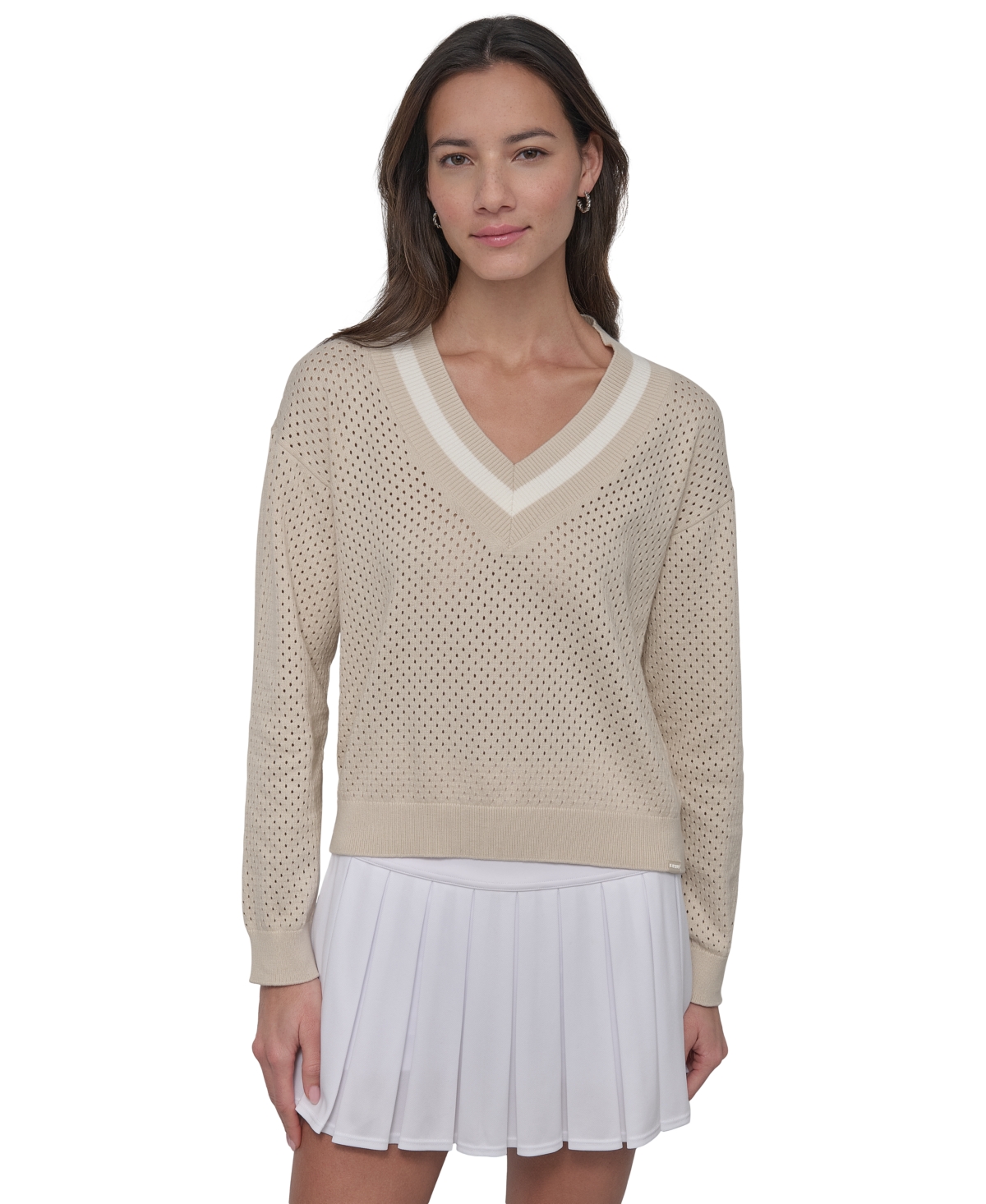Sport Women's Open-Knit Mesh Striped V-Neck Sweater - Black