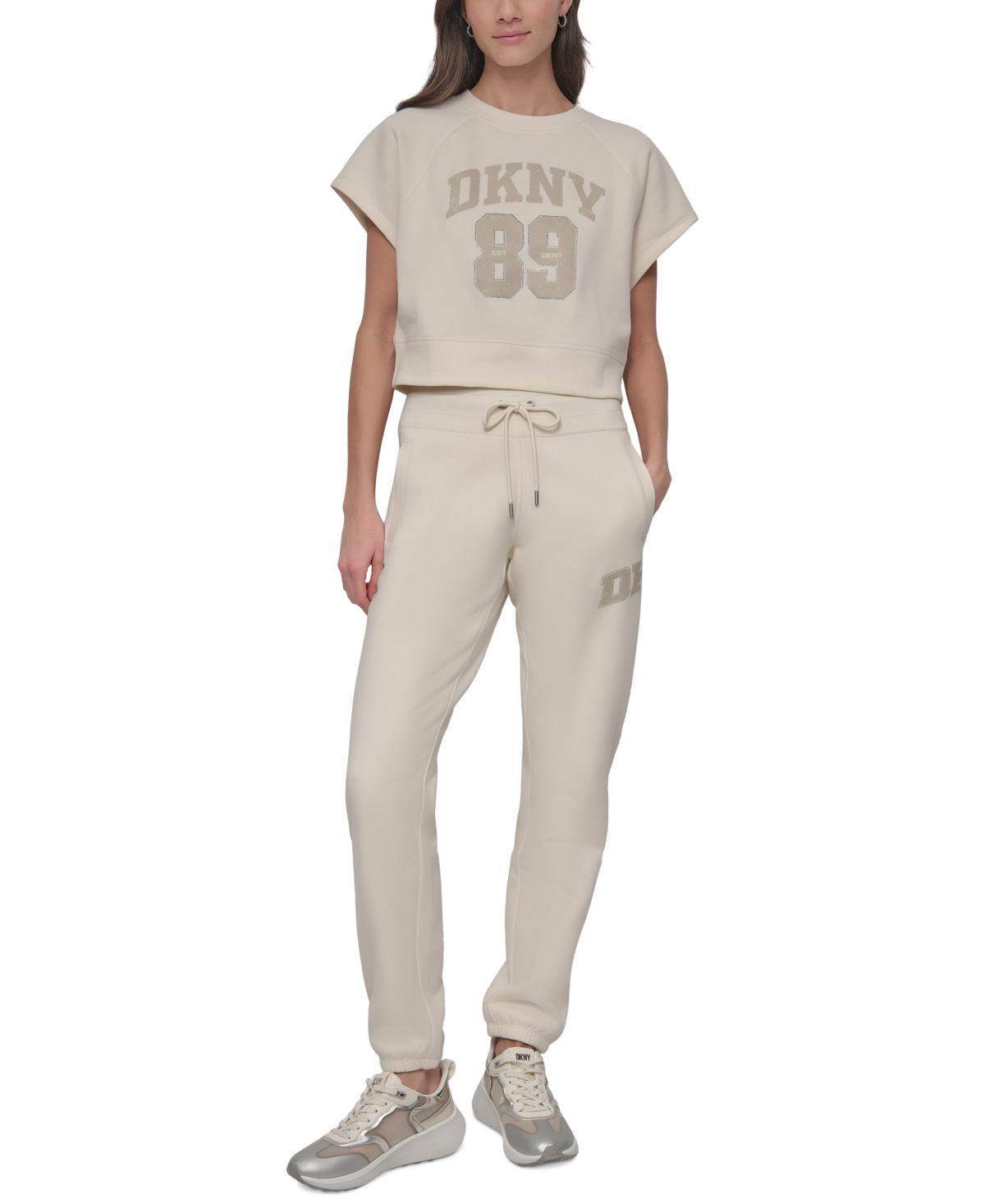 Shop Dkny Sport Women's Rhinestone Logo Relaxed Joggers In Eggnog