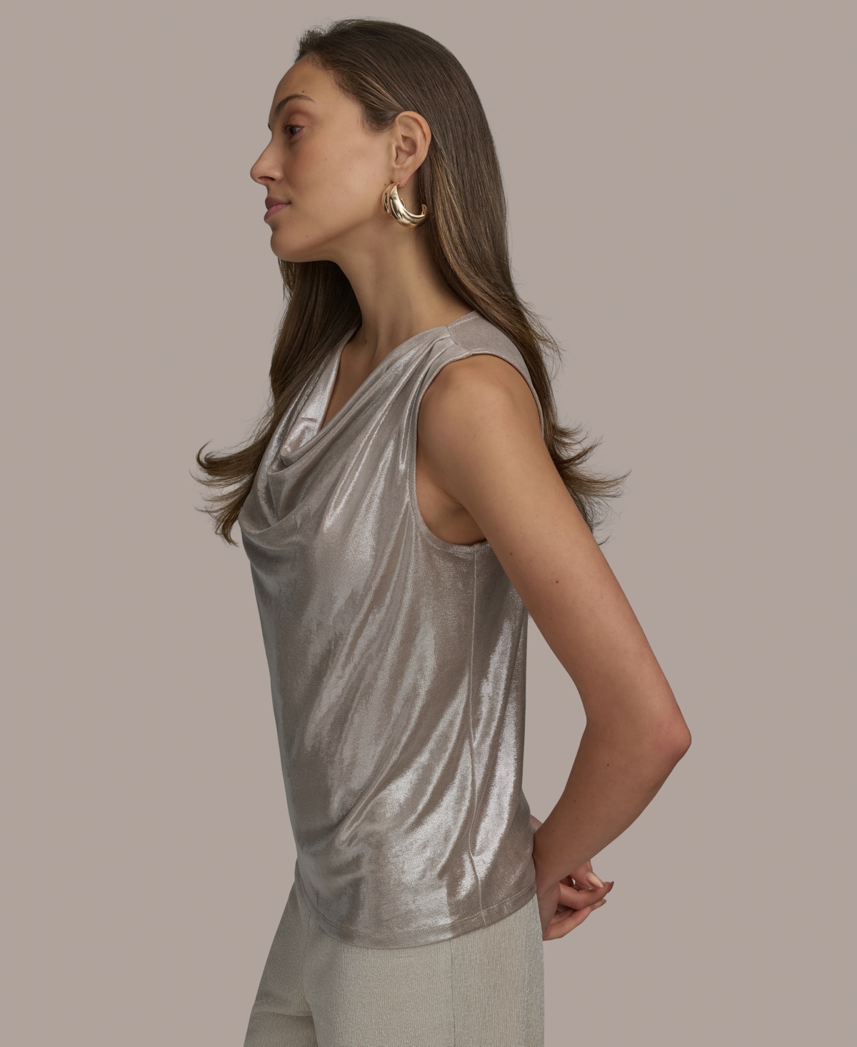 Shop Donna Karan Women's Sleeveless Cowlneck Foil Blouse In Latte,silver
